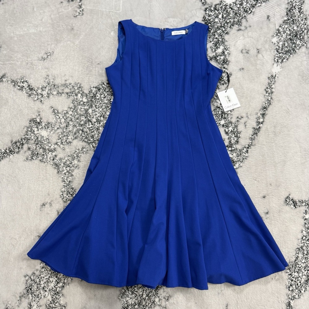 Calvin Klein Pleated Fit Flare Dress Womens 6P Blue Sleeveless Cocktail NWT